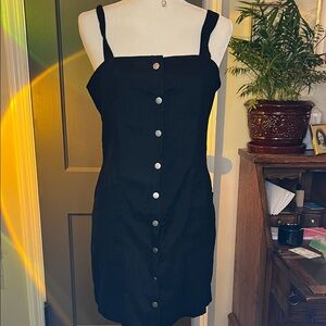 Classic Black Button-Front Mini Dress with Square Neckline